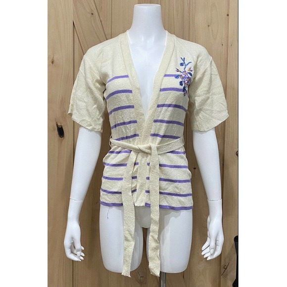 Vintage Cardigan Sweater Tie Belt Stripe Embroidered Flower Medium - Picture 7 of 9